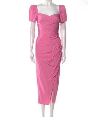 Self-Portrait Hot Pink Ruched Midi Dress with Puff Sleeves